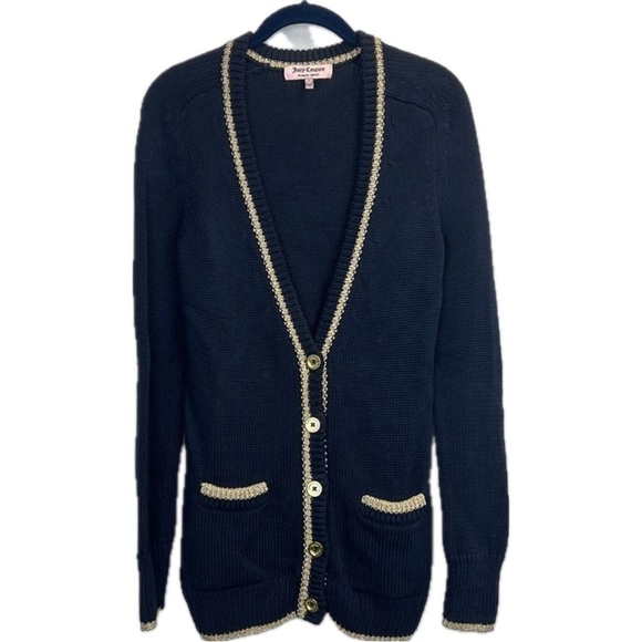 Juicy Couture Women’s Navy Blue Cardigan Gold Accents Sweater Size S - Picture 1 of 5